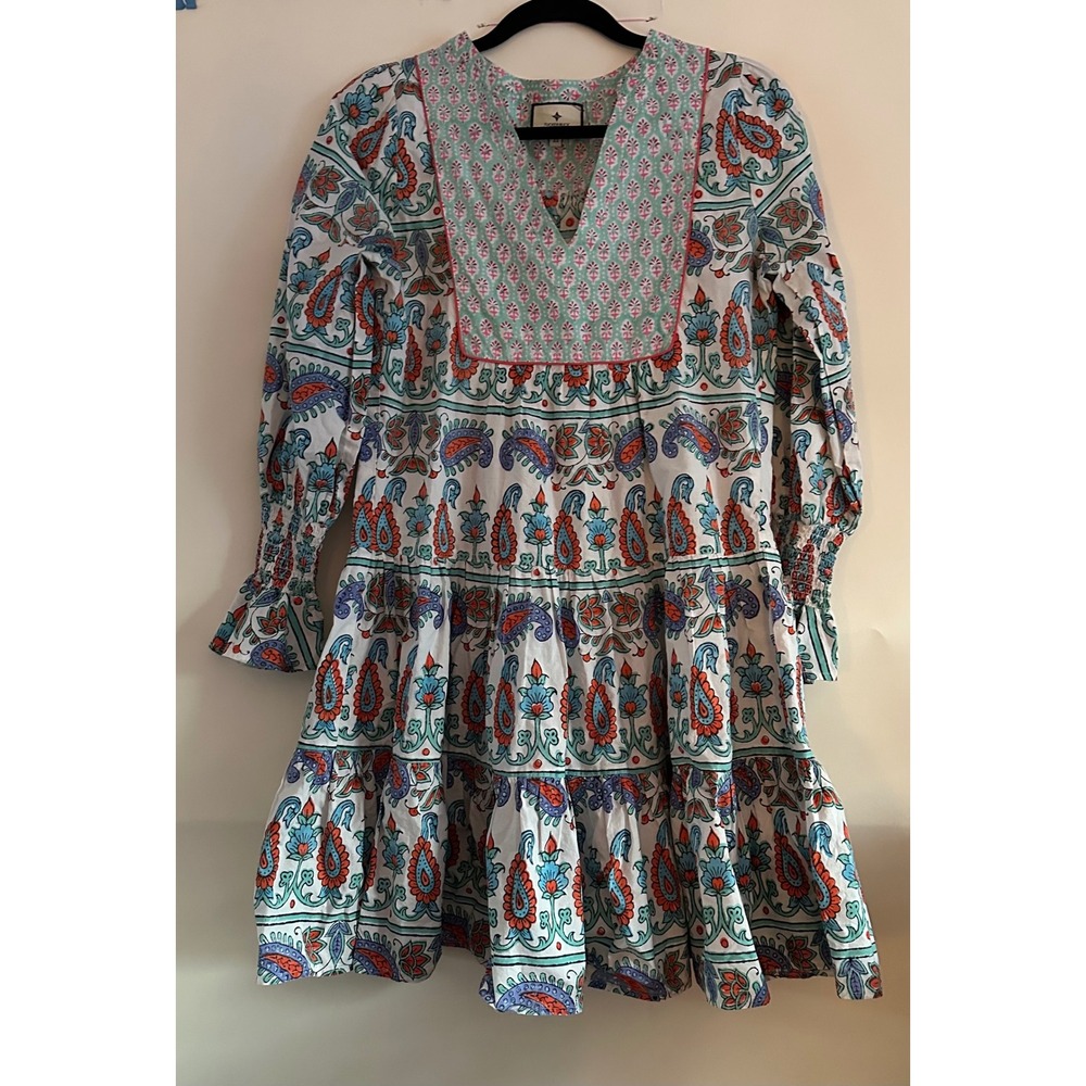 Tuckernuck XS Cotton Paisley Floral Block Print Tiered Mini Dress Smocked Cuffs
